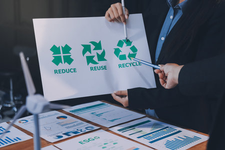 Carbon offset price report CO2 emission. Future growth Net zero waste in ESG ethical SME office protect climate change global warming social issues project. Group of asia people Eco friendly SDGs planの写真素材