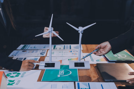 Carbon offset price report CO2 emission. Future growth Net zero waste in ESG ethical SME office protect climate change global warming social issues project. Group of asia people Eco friendly SDGs planの写真素材
