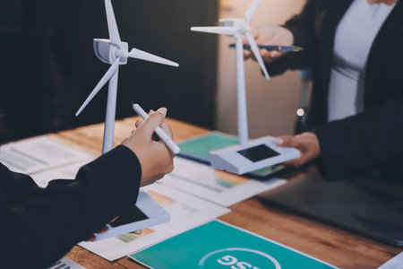 Carbon offset price report CO2 emission. Future growth Net zero waste in ESG ethical SME office protect climate change global warming social issues project. Group of asia people Eco friendly SDGs planの写真素材