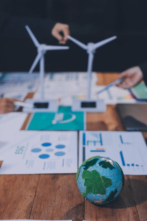 Carbon offset price report CO2 emission. Future growth Net zero waste in ESG ethical SME office protect climate change global warming social issues project. Group of asia people Eco friendly SDGs planの写真素材