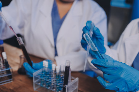 Blood test in the laboratory. Laboratory assistant working with the dispenser. Vacuum tubes with...