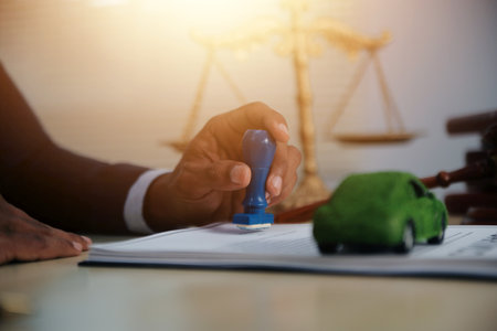 Judge gavel and miniature car symbolize auction or court case against driver who has accident and receiving vehicle insurance payment be on table in front of hands of lawyers. Selective focusの写真素材