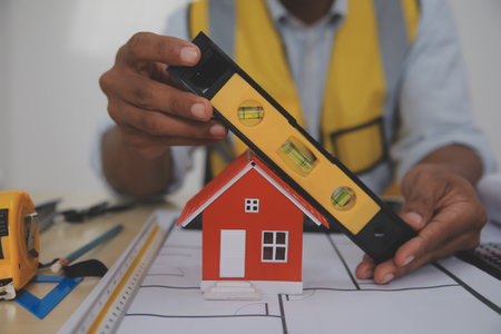 Image of engineer meeting for architectural project. working with partner and engineering tools on workplace vintage tone.の写真素材