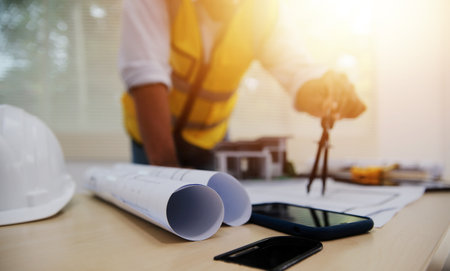 Image of engineer meeting for architectural project. working with partner and engineering tools on workplace vintage tone.の写真素材