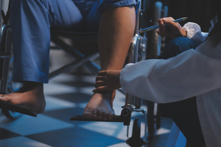 Asian young professional successful friendly female nurse in blue hospital uniform helping supporting physical therapy senior old pensioner unhealthy injury woman patient walking via four legs walker.の写真素材