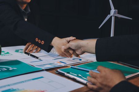 Carbon offset price report CO2 emission. Future growth Net zero waste in ESG ethical SME office protect climate change global warming social issues project. Group of asia people Eco friendly SDGs planの写真素材