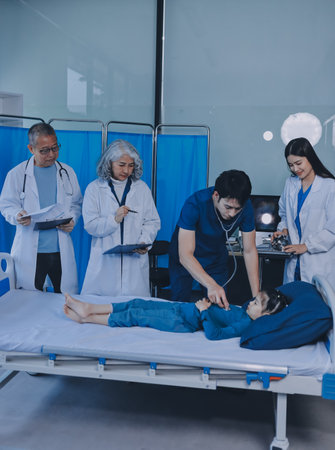 A team of doctors and nurses are working to treat a female patient in the patient's room.の写真素材