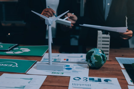 Carbon offset price report CO2 emission. Future growth Net zero waste in ESG ethical SME office protect climate change global warming social issues project. Group of asia people Eco friendly SDGs planの写真素材