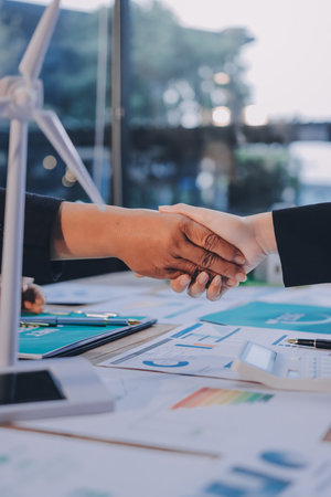 Carbon offset price report CO2 emission. Future growth Net zero waste in ESG ethical SME office protect climate change global warming social issues project. Group of asia people Eco friendly SDGs planの写真素材