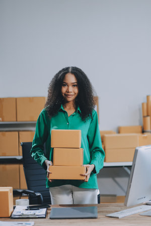 Portrait of Starting small businesses SME owners female entrepreneurs working on receipt box and...