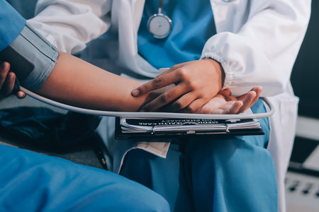 The doctor woman hand use the pulse meter to measure the pressure of the patient, medical checkup concept.の写真素材