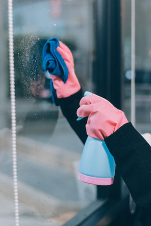 An employee of a professional cleaning service in overalls washes the glass of the windows of the...