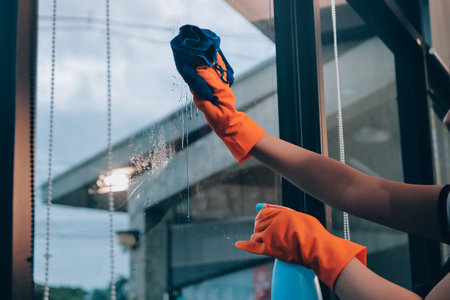 Young female worker cleaning window glass with cloth in spacious villa