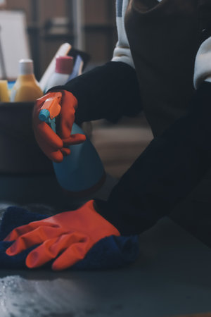 Woman cleaning computer desk in officeの写真素材