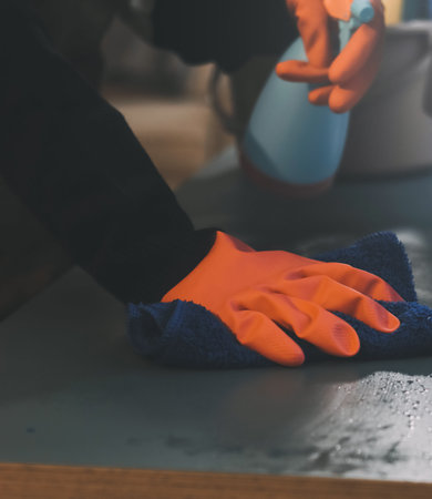 Woman cleaning computer desk in officeの写真素材