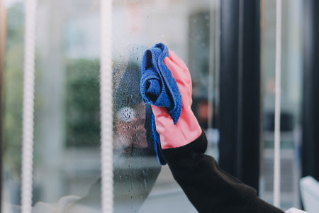 An employee of a professional cleaning service in overalls washes the glass of the windows of the facade of the building. Showcase cleaning for shops and businessesの写真素材