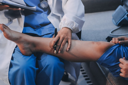 Doctor giving a patient a leg treatmentの写真素材