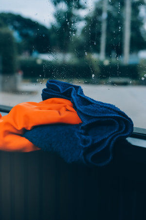 Young female worker cleaning window glass with cloth in spacious villaの写真素材