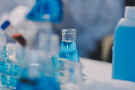 Microbiological research with a test tube and micropipette in close -upの写真素材