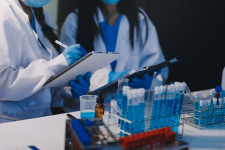 Microbiological research with a test tube and micropipette in close -upの写真素材