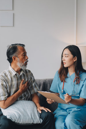 Men's health exam with doctor or psychiatrist working with patient having consultation on diagnostic examination on male disease or mental illness in medical clinic or hospital mental health serviceの写真素材