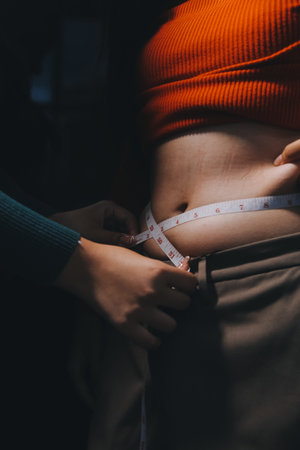woman's hand holding belly fatの写真素材