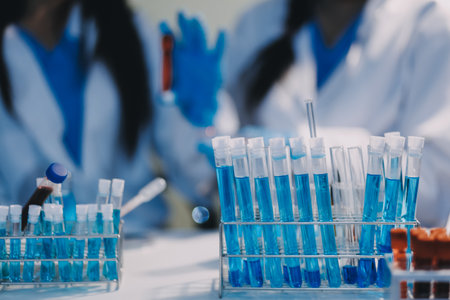 Microbiological research with a test tube and micropipette in close -upの写真素材