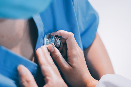 Homecare nursing service and elderly people cardiology healthcare. Close up of young hispanic female...