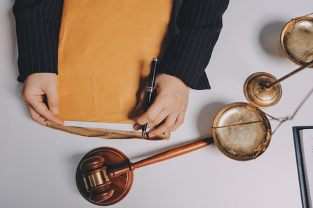 Judge gavel with Justice lawyers having team meeting at law firm background. Concepts of Law and...