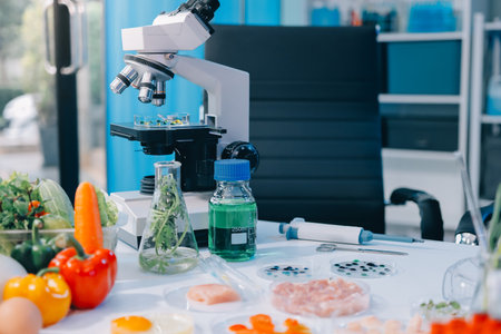 Hands, plant scientist and laboratory test tubes in plant growth research, climate change solution or organic medicine analytics. Zoom, man and worker in food study science or agriculture innovationの写真素材