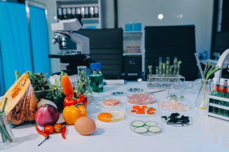 Hands, plant scientist and laboratory test tubes in plant growth research, climate change solution...