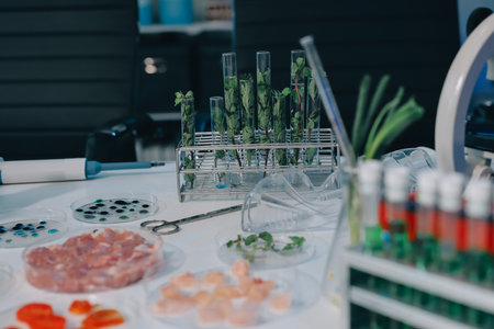 Team Asian scientists in a lab conducting food research using a microscope and lab equipment, showcasing innovation in food science and biotechnologyの写真素材