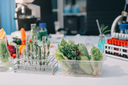 Team of scientists in a lab conducting food research using a microscope and lab equipment, showcasing innovation in food science and biotechnologyの写真素材