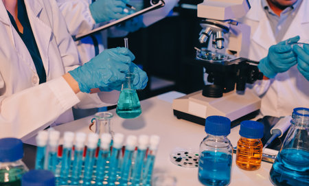 Chemists in a lab developing cosmetic products, testing and analyzing formulas for quality and...