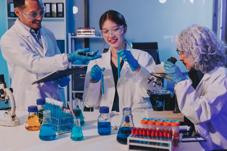 Scientists in a lab testing and analyzing formulas for quality and effectiveness.