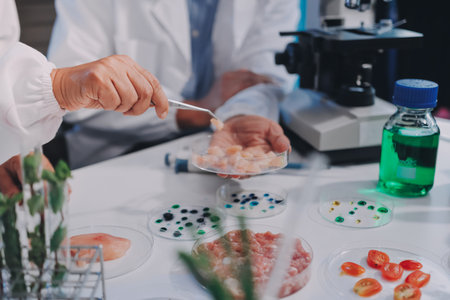 Team of scientists in a lab conducting food research using a microscope and lab equipment, showcasing innovation in food science and biotechnologyの写真素材