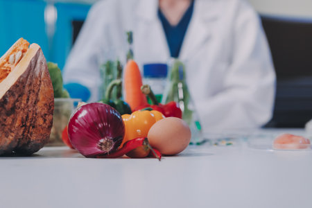 Team Asian scientists in a lab conducting food research using a microscope and lab equipment, showcasing innovation in food science and biotechnologyの写真素材
