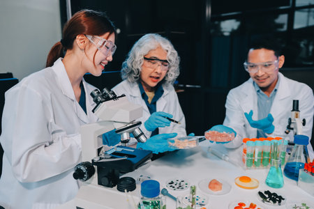 Team Asian scientists in a lab conducting food research using a microscope and lab equipment, showcasing innovation in food science and biotechnologyの写真素材
