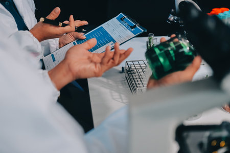 Team Asian scientists in a lab conducting food research using a microscope and lab equipment,...