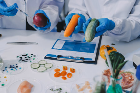 Team Asian scientists in a lab conducting food research using a microscope and lab equipment, showcasing innovation in food science and biotechnologyの写真素材