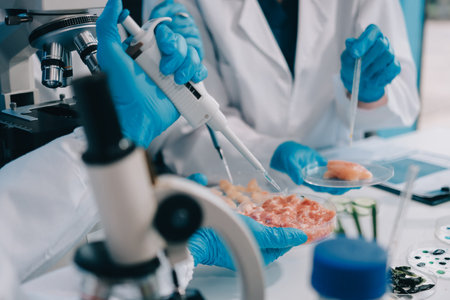 Team Asian scientists in a lab conducting food research using a microscope and lab equipment,...
