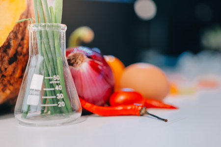 Team Asian scientists in a lab conducting food research using a microscope and lab equipment, showcasing innovation in food science and biotechnologyの写真素材
