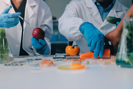 Team Asian scientists in a lab conducting food research using a microscope and lab equipment, showcasing innovation in food science and biotechnologyの写真素材