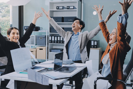 business meeting businesswoman woman office entrepreneur presentation success applause applauding audience achievement career job congratulation teamworkの写真素材