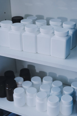 Pharmacy shelves, medicine bottles, sunlight, healthcareの写真素材