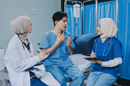 A young man lies on a bed in a hospital ward talking with his doctor. Doctor checking patient's health, hospital admission of patientの写真素材