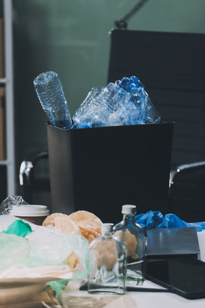 Close-up of female hands from a family collecting plastic waste and bottles from the ground. They wear gloves and focus on recycling to help reduce plastic pollution and protect the environment.の写真素材