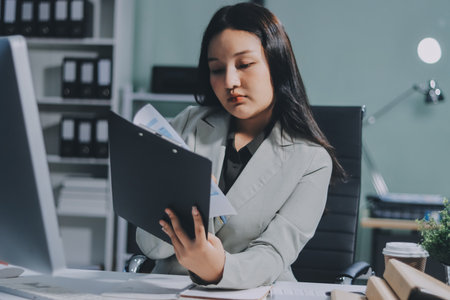 Asian Businesswoman Using laptop computer and working at office with calculator document on desk, doing planning analyzing the financial report, business plan investment, finance analysis concept.の写真素材