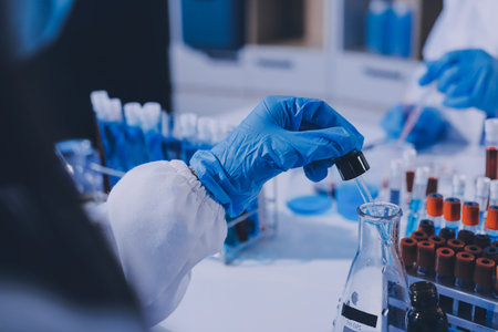 Researcher using a professional microscopeの写真素材