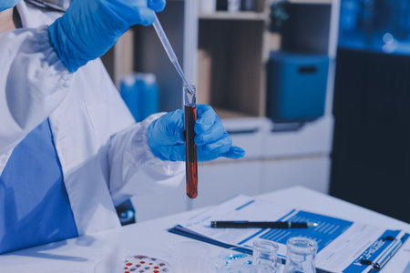 Researcher using a professional microscopeの写真素材